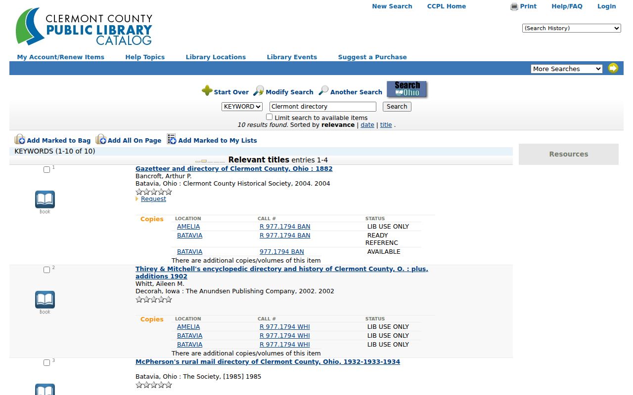 Clermont County city directory catalog search for historic local directory holdings