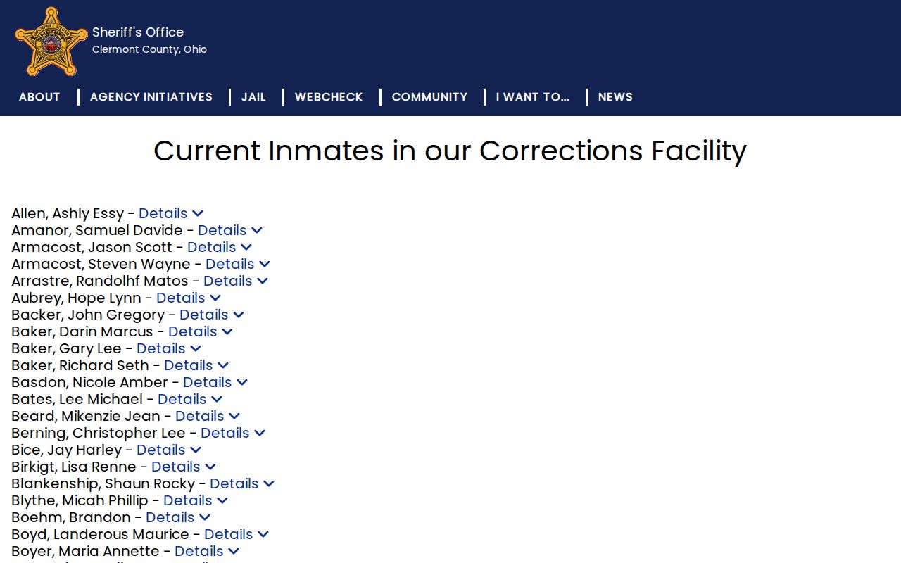 Clermont County neighbors page Sheriff jail listing source