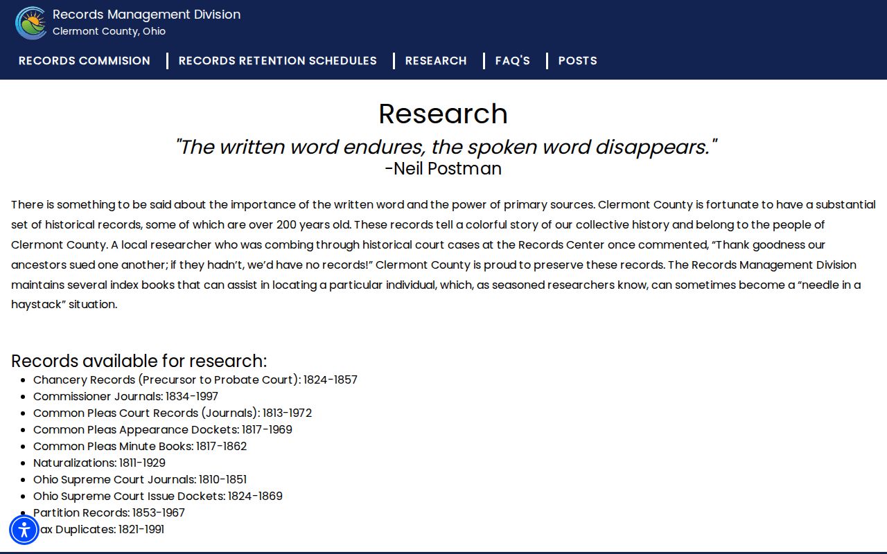 Clermont County previous residents Records Center historical research page