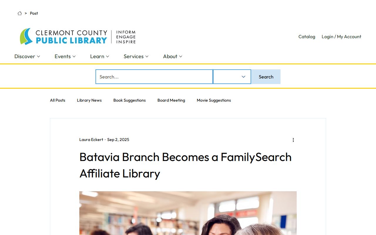 Clermont County previous residents Batavia FamilySearch affiliate library announcement