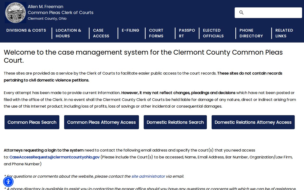 Clermont County resident lookup Common Pleas Case Access gateway
