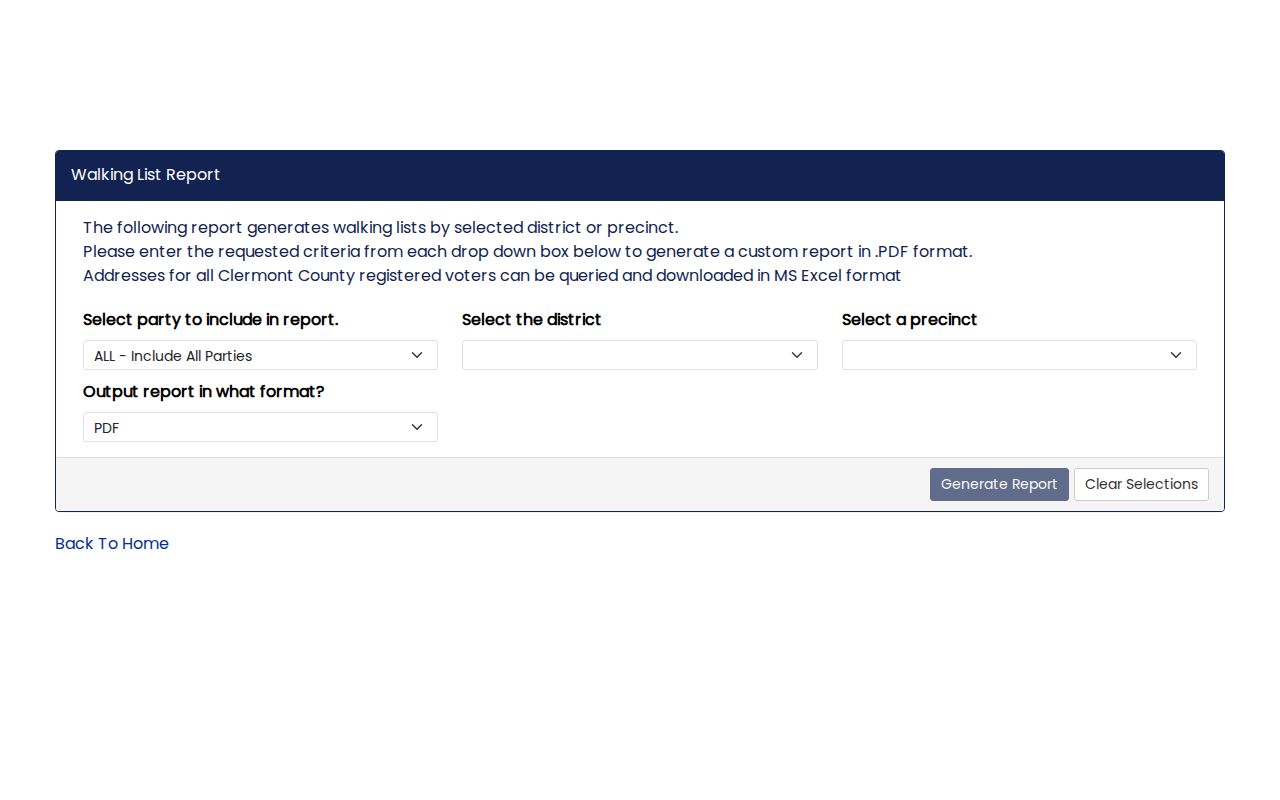 Clermont County ZIP code research showing the official Walking List voter-address report tool